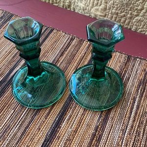 Green glass Candlestick set